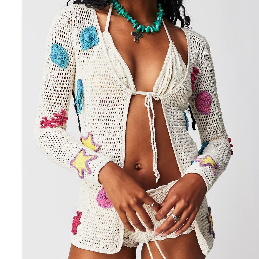 CRO-CHE Under The Sea open knit net crochet cardigan sweater nautical patches M - Picture 3 of 7